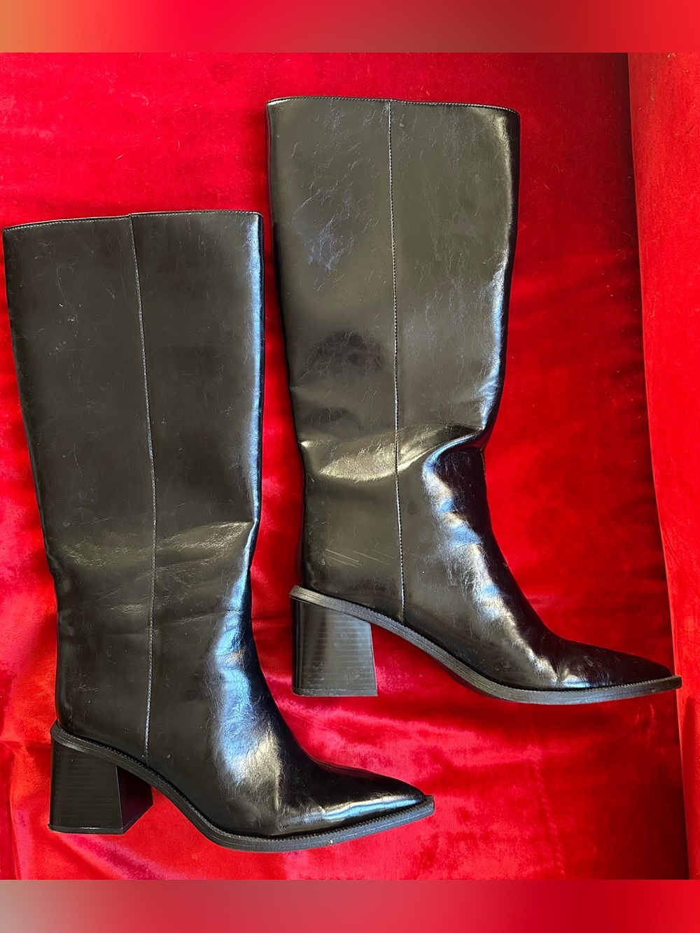 Zara Black Vegan Leather Knee High Block Heel Boots Women's Size 10.5 EU 41